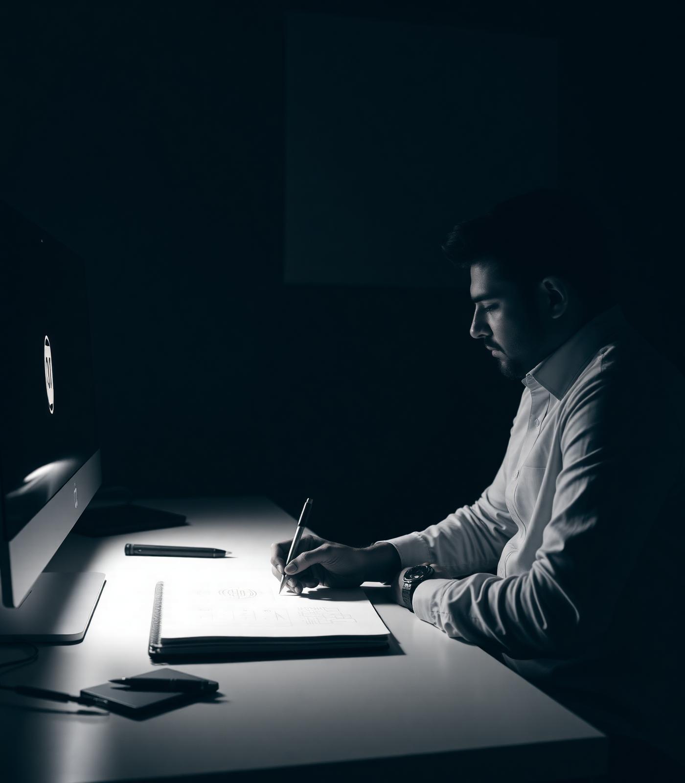 Designer sketching logo concepts in a dark studio